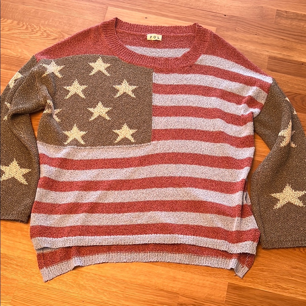 POL Stars & Stripes Crewneck Sweater in Rust, Olive & Cream